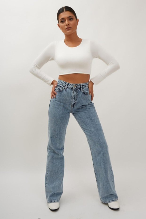 90's Snow Wash Blue Lycra Super High Waist Loose Jeans Palazzo Trousers