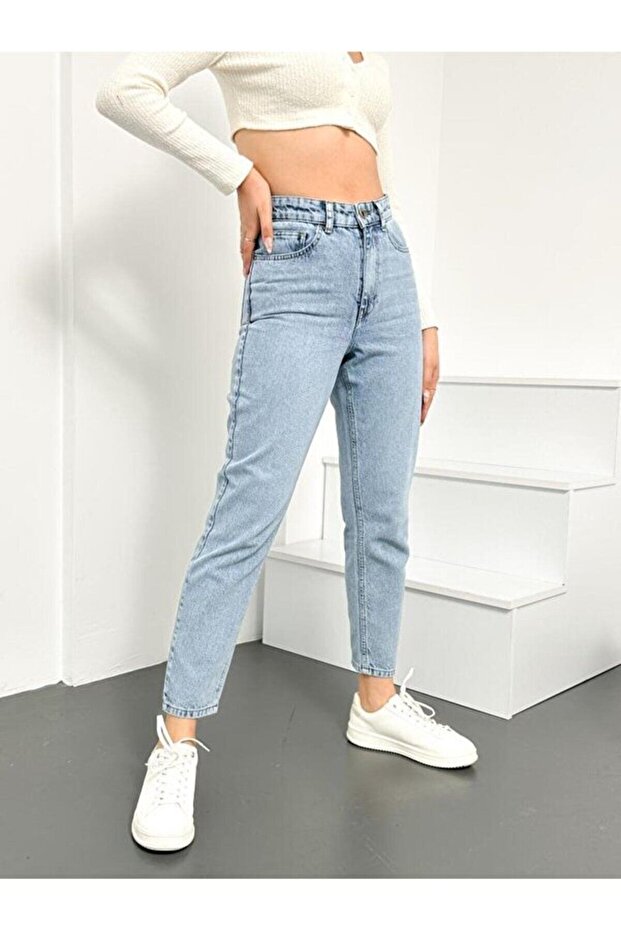 Ice Blue Snow Wash Mom Jeans Lycra High Waist Jeans2024