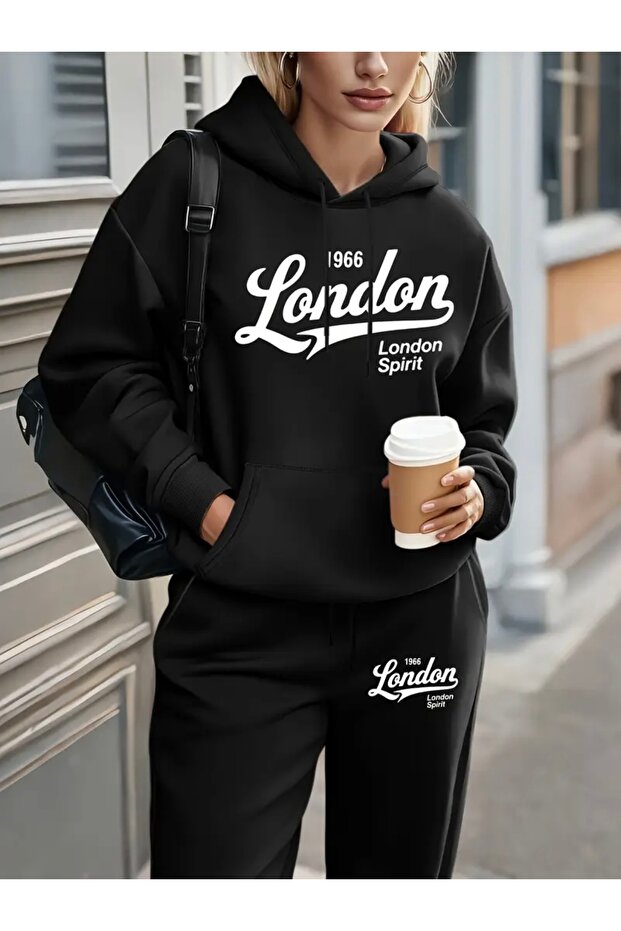 London Printed Unisex Women/Men Hooded Oversize Bottom/Upper Tracksuit Set