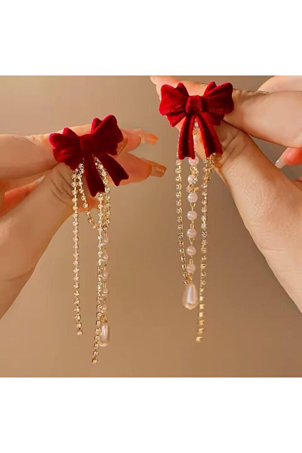 Zircon Stone Ribbon Model Stylish Earrings with Hanging Pearls