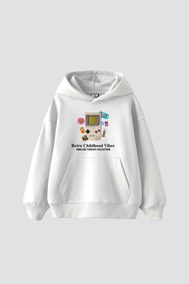 Retro Childhood Vibes Printed Oversize Unisex White Hoodie