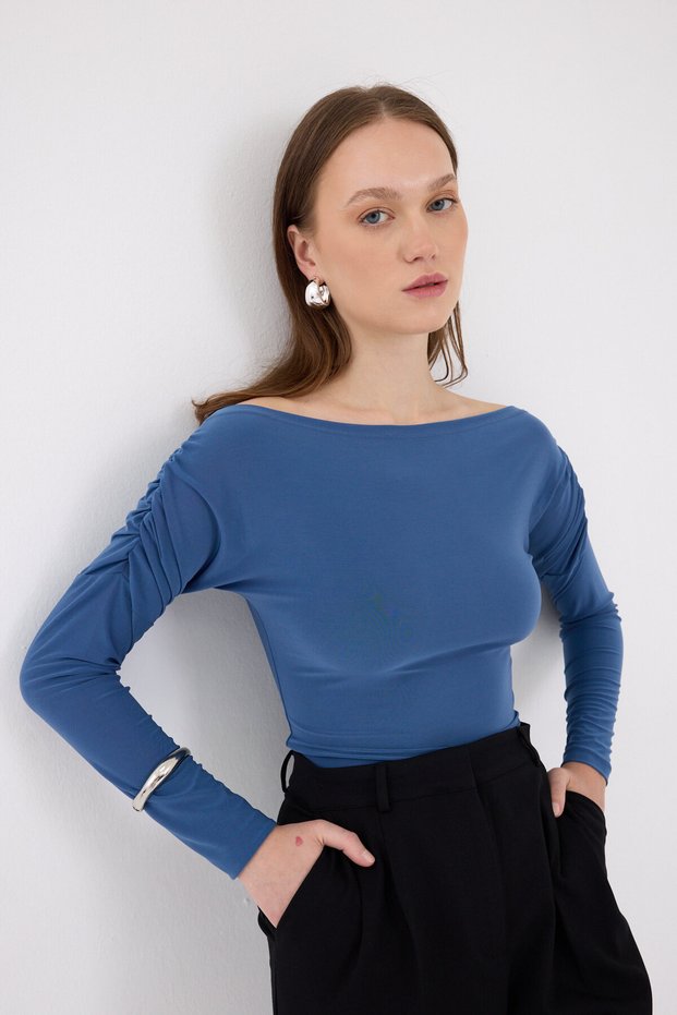 Indigo Boat Neck Sleeve Gathered Blouse 2433