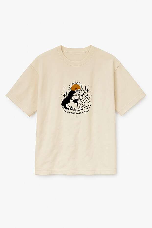 Oversize Beige Unisex Tiger Printed T-Shirt T-Shirt