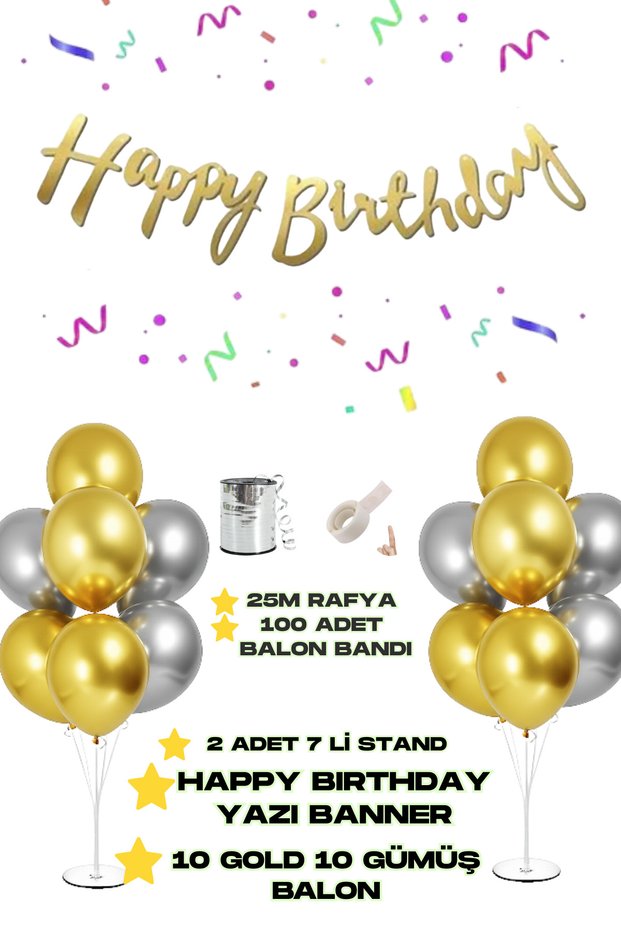 Happy Birthday Text Banner 2 Pieces of 7 Balloon Stand 10 Pieces of Silver 10 Pieces of Gold Balloon Birthday Ornament
