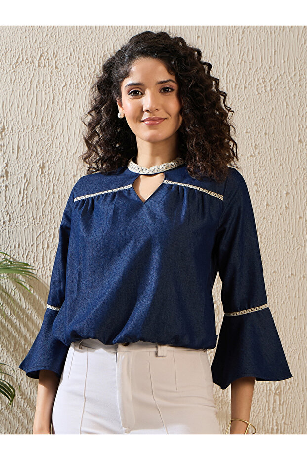 Denim Keyhole Neck Top with Lace Detail