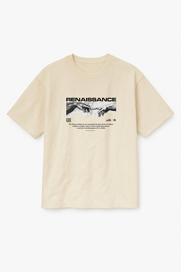 Oversize Beige Unisex Renaissance Printed T-Shirt T-Shirt