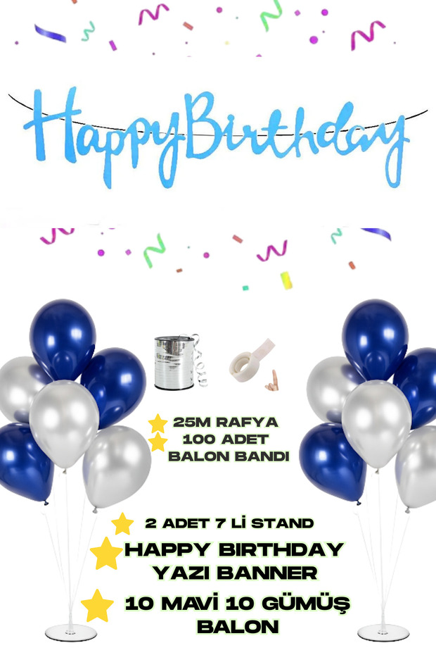 Happy Birthday Text Banner 2 Pieces of 7 Balloon Stand 10 Pieces of Silver 10 Pieces of Blue Balloon Birthday Ornament