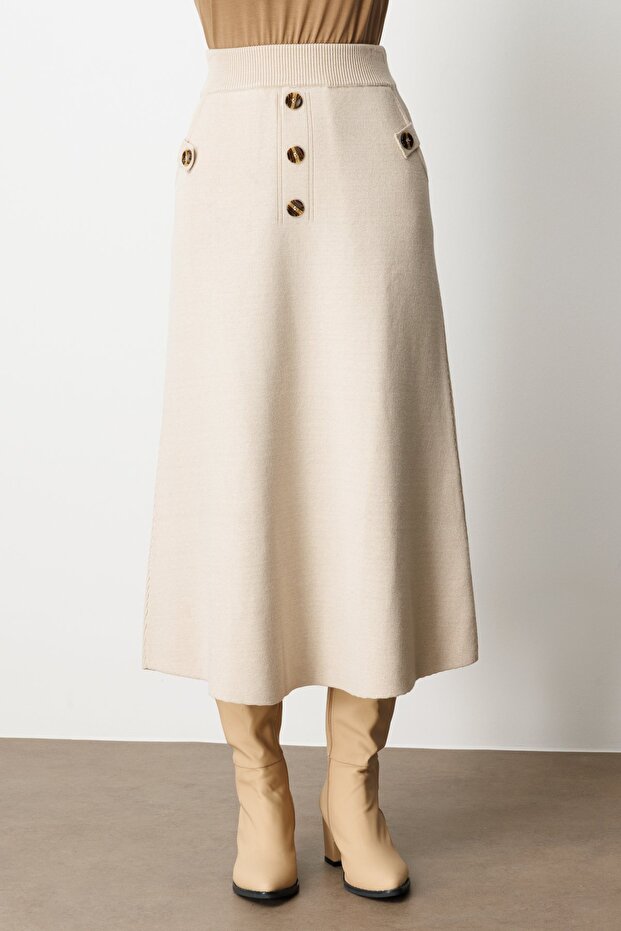 Düğmeli Triko Etek - 4