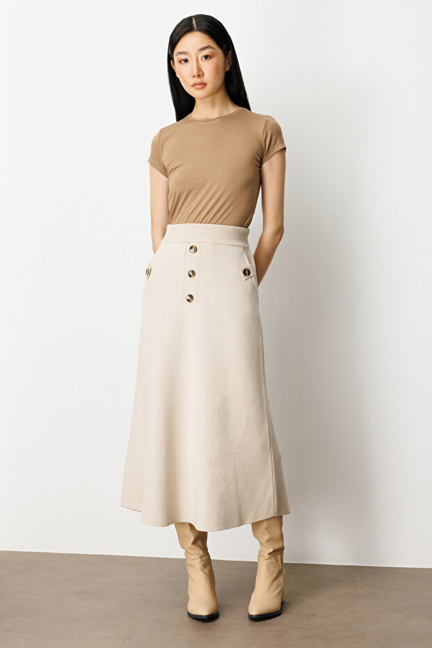 Düğmeli Triko Etek - 2