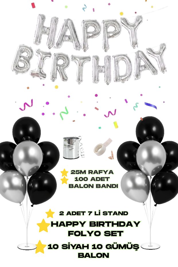 Happy Birthday Foil Balloon 2 Pieces 7 Piece Balloon Stand 10 Pieces Silver 10 Pieces Black Balloon Birthday Set