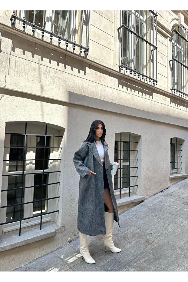 معطف صوف أنثراسيت كبير الحجم بزر واحد - 5