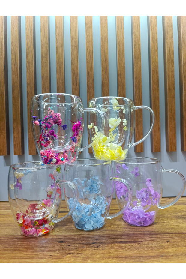 1 Adet Gerçekçi Çiçek Tasarım Çift Cidarlı Cam Kupa, Sıcak ve Soğuk İçecek Bardağı 350 ml - 8