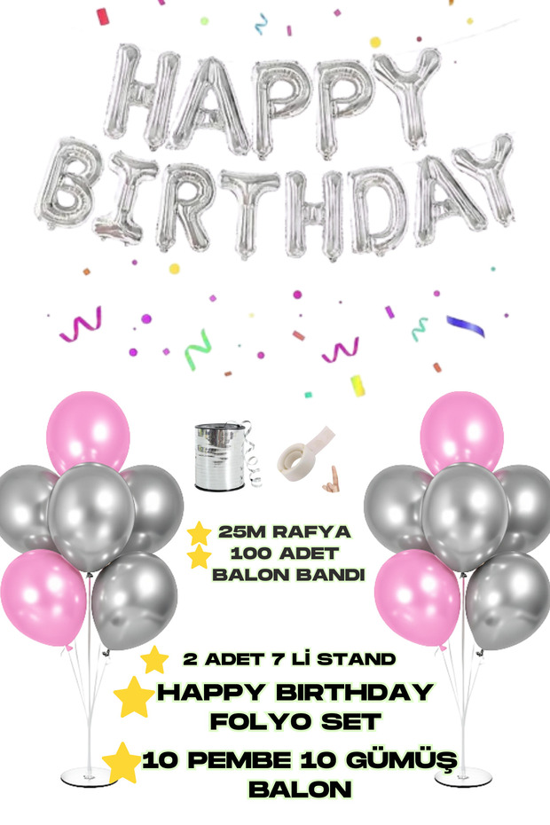 Happy Birthday Foil Balloon 2 Pieces 7 Balloon Stand 10 Pieces Silver 10 Pieces Pink Balloon Birthday Ornament