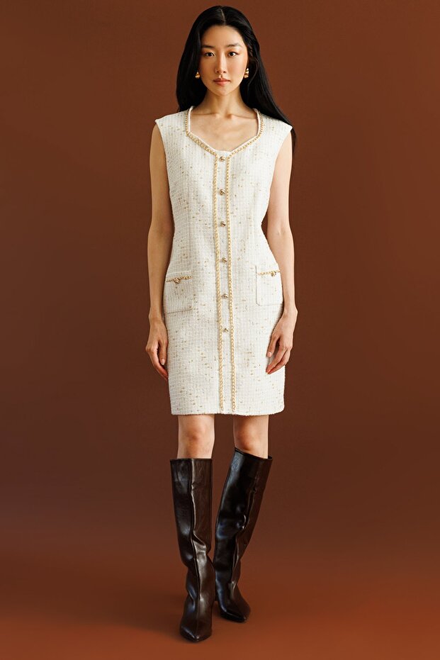 Chain Detailed Midi Tweed Dress 4001-25K Ecru