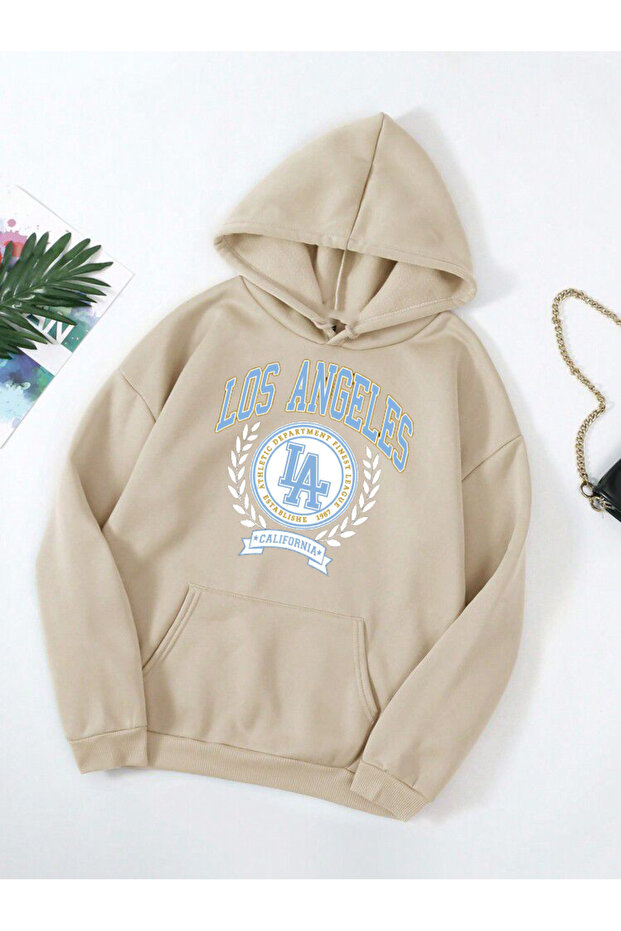 Unisex Beige Hooded Sweatshirt Los Angeles Blue Print