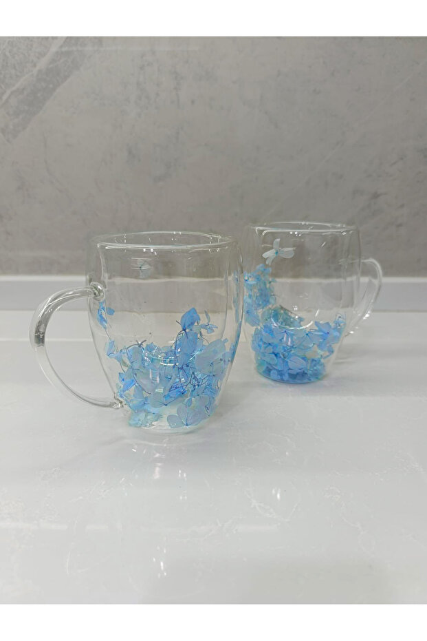2 Adet Gerçekçi Çiçek Tasarım Çift Cidarlı Cam Kupa, Sıcak ve Soğuk İçecek Bardağı 350 ml - 4