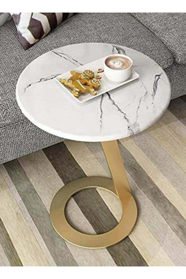 طاولة جانبية من الحديد والخشب الرخامي، ذهبي وأبيض - 35×35×55 سم