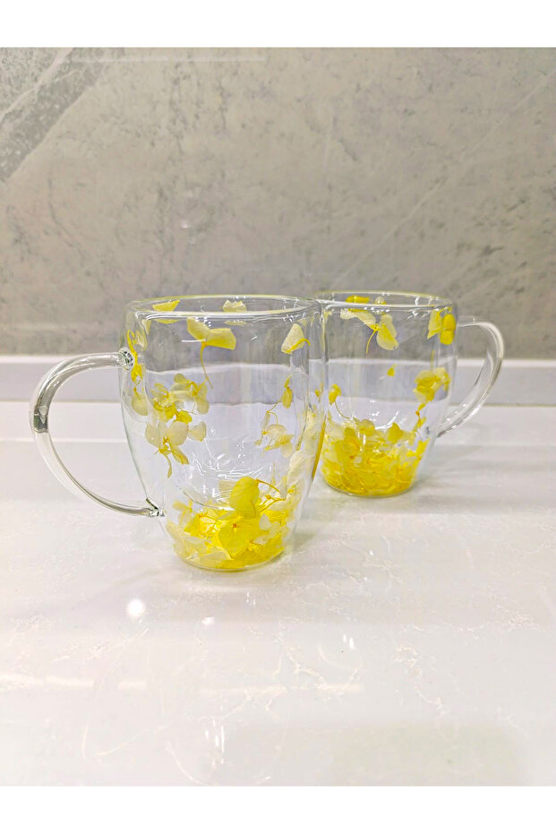 2 Adet Gerçekçi Çiçek Tasarım Çift Cidarlı Cam Kupa, Sıcak ve Soğuk İçecek Bardağı 350 ml - 1