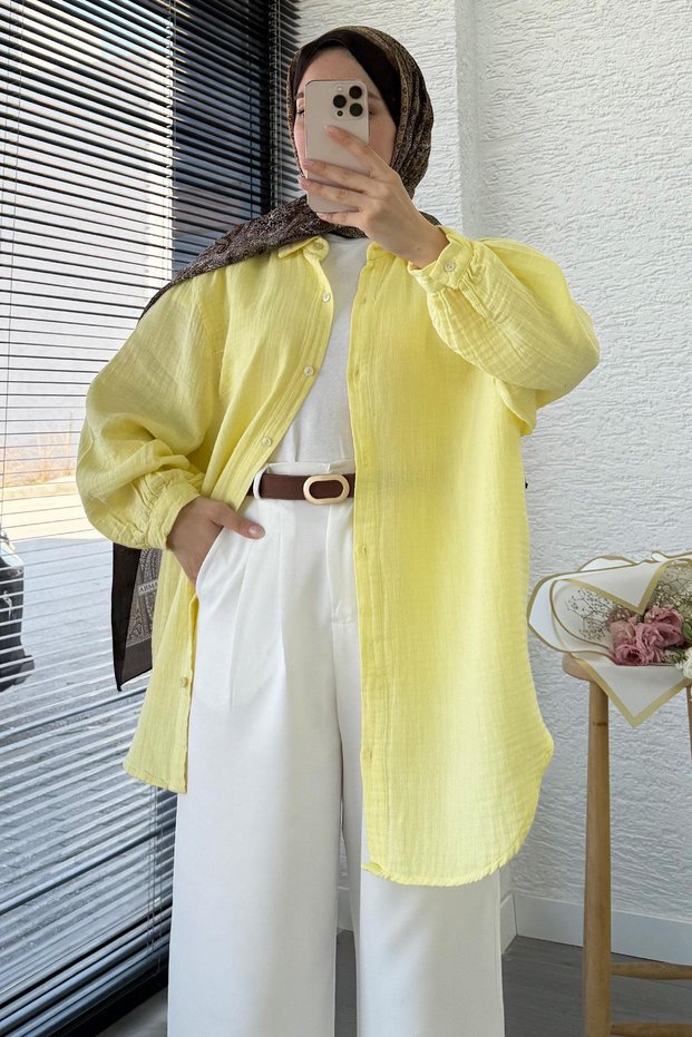 Oversized Muslin Tunic with Buttons – Yellow