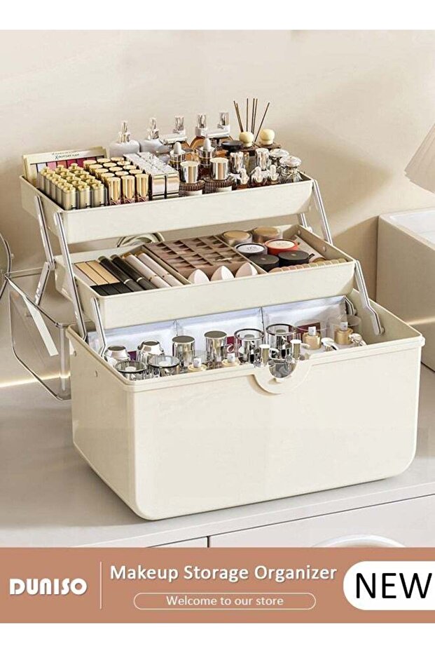 3-Layer Makeup Organizer, Large Capacity Cosmetic Storage Box with Transparent Visual Cover, Portable Handled Case,First Aids Case Medicine Box with Handle Trays, Clear Lockable Container for Sewing
