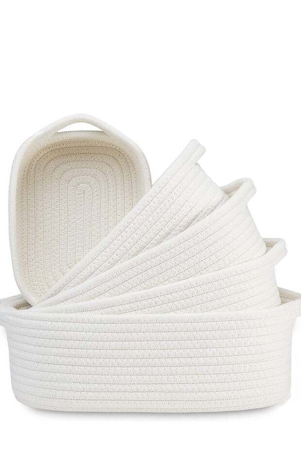 Handmade cotton rope woven storage basket set of five, beige: 30*22*11cm, 28*20*10cm, 26*18*9cm, 23*16*8cm, 20*14*7cm