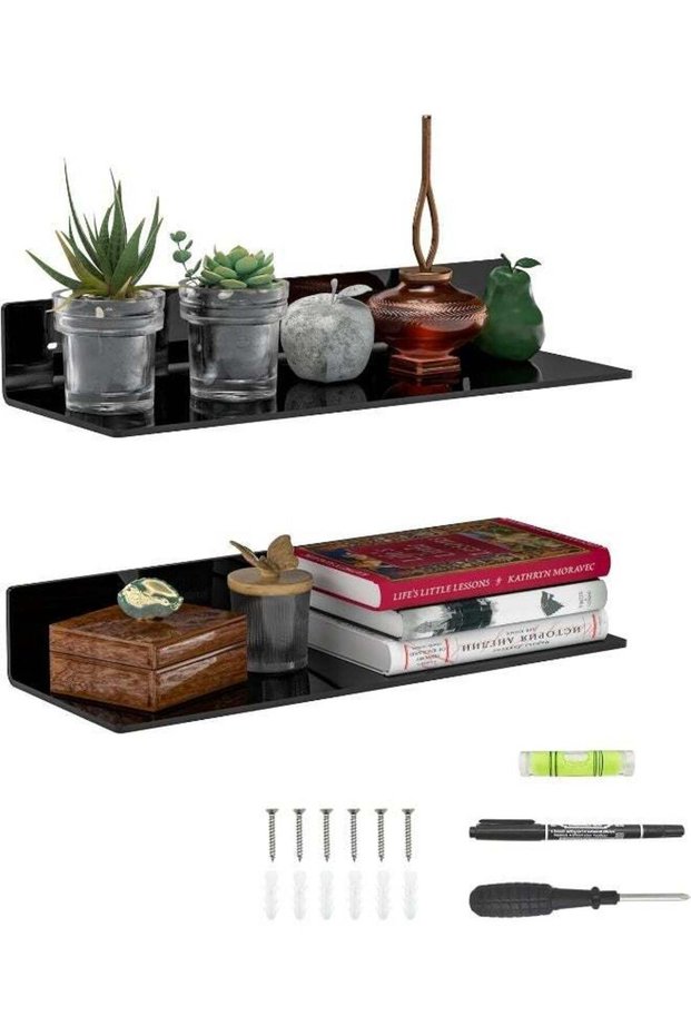 38 Cm Black Acrylic Wall Shelves, Pack Of 2, L Shape Acrylic Floating Shelf