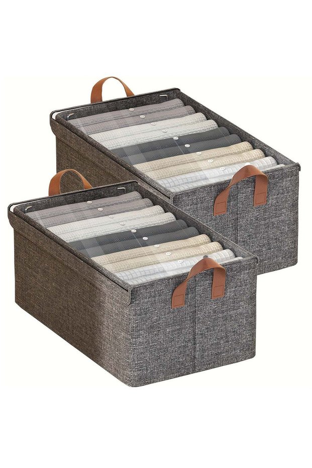 Set of 2 Wardrobe Organizer with Metal Frame & Lid – Cationic Fabric Storage Basket for Clothes Durable Storage Box with Handles Ideal for Organizing Pants Jeans Sweaters (Large - Grey)
