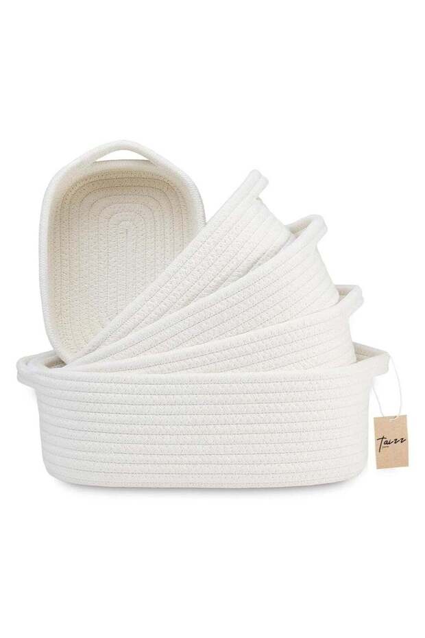 5-Piece Rectangle Storage Basket Set – Cotton Rope Woven Baskets for Organizing Baby Toys, Montessori Storage, Bathroom, Dog Toy Basket, Nursery, Closet, Decorative Bins - White