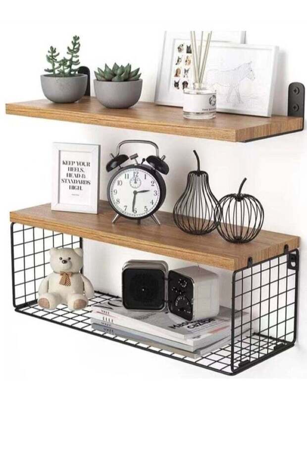 2-Piece Wall Mounted Decorative Storage Rack Metal And Wood Black