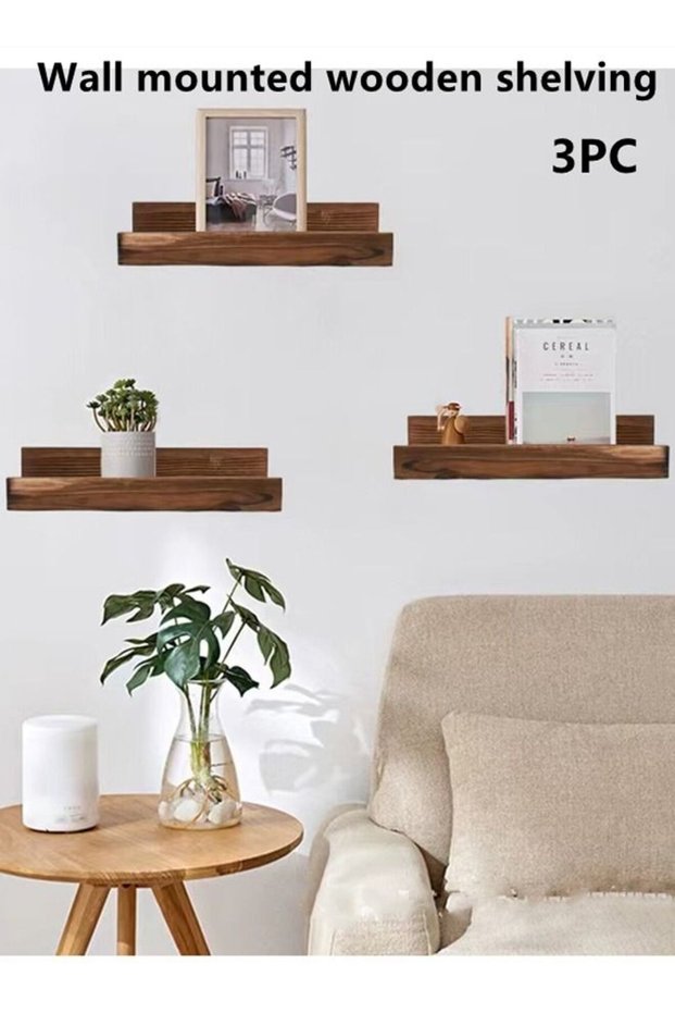 3-Piece Wall-Mounted Wooden Shelving/Wooden Storage Rack Brown 32 x 10 x 7 Centimeter