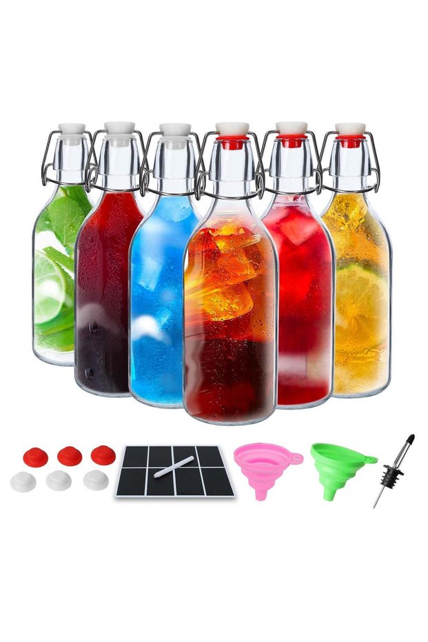 6 Pack 16oz Swing Top Bottles -Glass Bottle with Airtight Rubber Seal Flip Caps for Home Brewing Ko