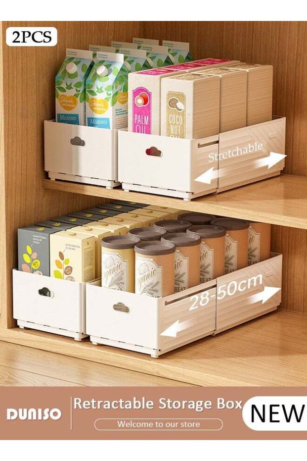 2PCS Retractable Storage Box, Foldable Multi Purpose Expandable Stackable Bins with Handles,Drawer Organizers for Closet Pantry Fridge, Sturdy Plastic Basket, Easy Assembled, for Kitchen, Refrigerato