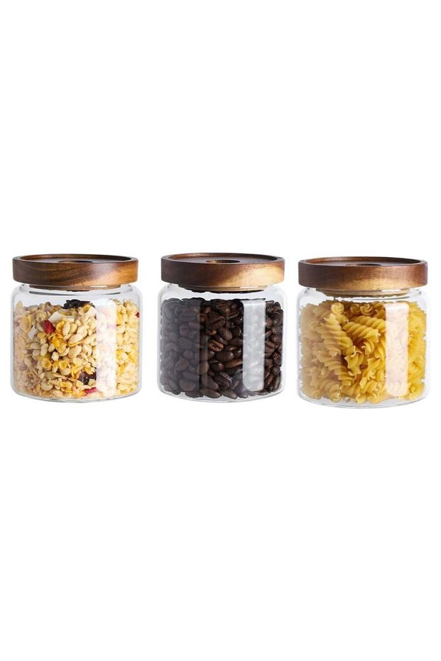 Airtight Glass Storage Jar with Acacia Wood Air-tight Lid,3 Pack Borosilicate Glass Kitchen Caniste