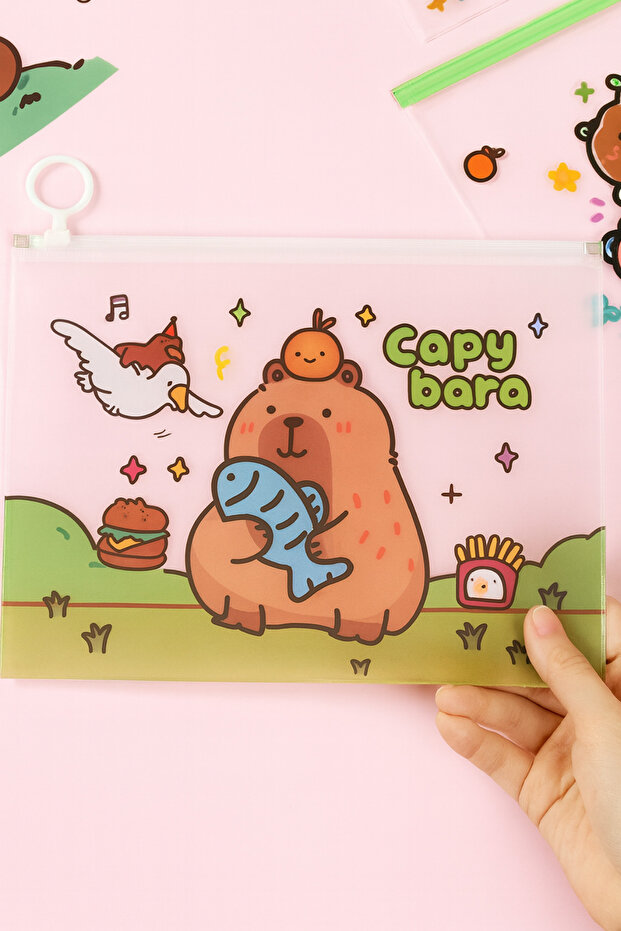 Capybara Desenli A4 Şeffaf Fermuarlı Kalemlik Dosya – Saklama Çantası – 1 Adet - 1