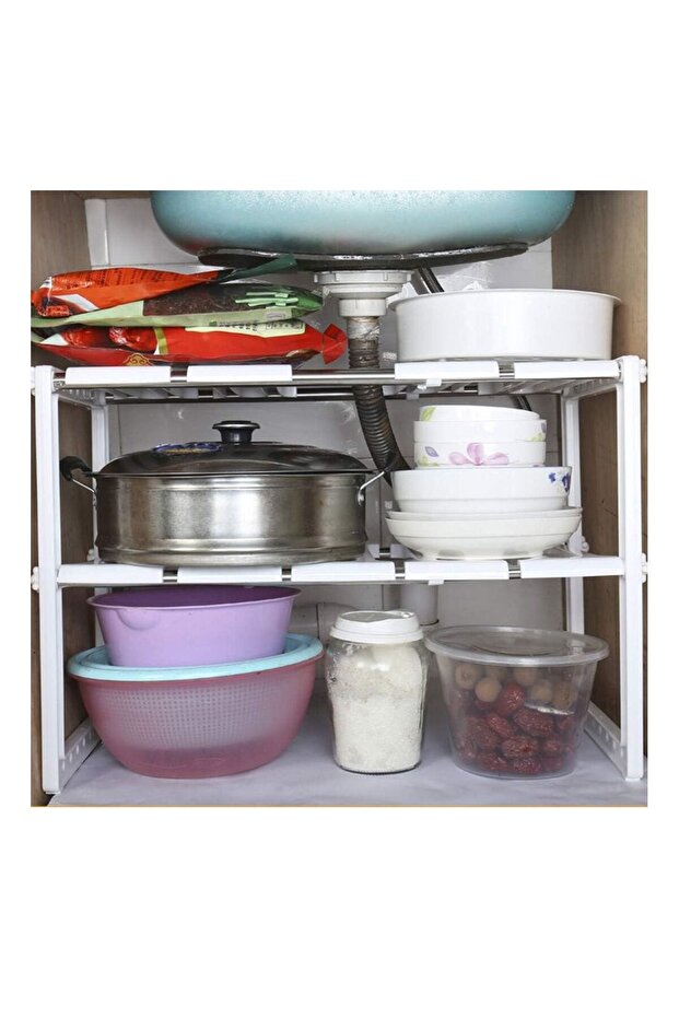 BLOOMING TIME Kitchen Sink Dish Rack Adjustable 2 Tier Under Shelf Storage Organize Rack Holder,Whi