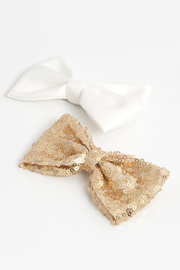Girl's 2-Piece Gold White Sequin Matte Satin Bow Tie Clip Buckle
