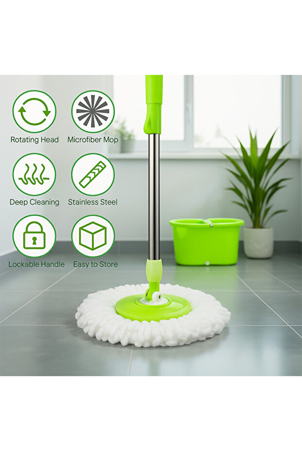 Spin mop and bucket set with 2 microfiber heads and 360 degree rotating handle for floor cleaning - 4