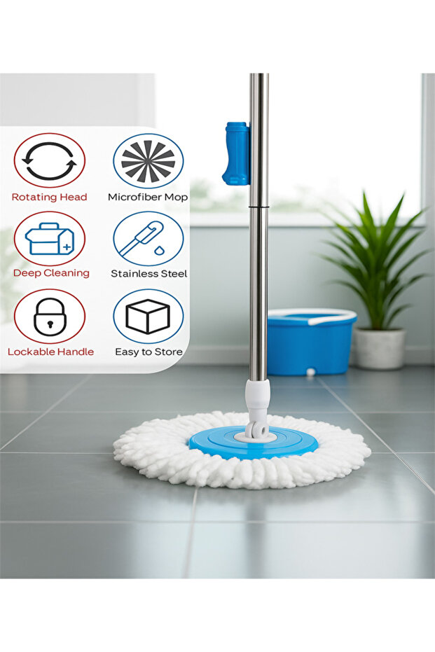 Spin mop and bucket set with 2 extra microfiber heads and 360 degree rotating - 6