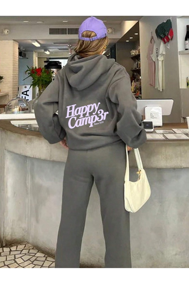 Unisex Men's Women's Happy Camp3R Printed Oversize 3 Thread Smoke Gray Hooded Tracksuit Set