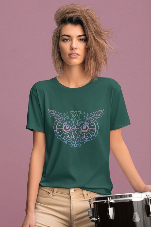 Girl/Women's Colorful Owl1 Transfer Printed Round Neck Short Sleeve T-Shirt