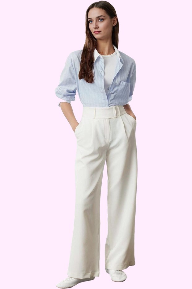 Women's Fashion High Waist Wide Leg Plain Pattern Trousers Finike Woven Business and Daily Use