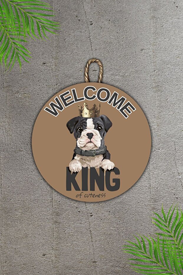 Modern Ahşap Kapı Süsü - Kahverengi Zemin Welcome King Bulldog Duvar Kapı Süsü - Dış Mekan Kapi Susu - 3