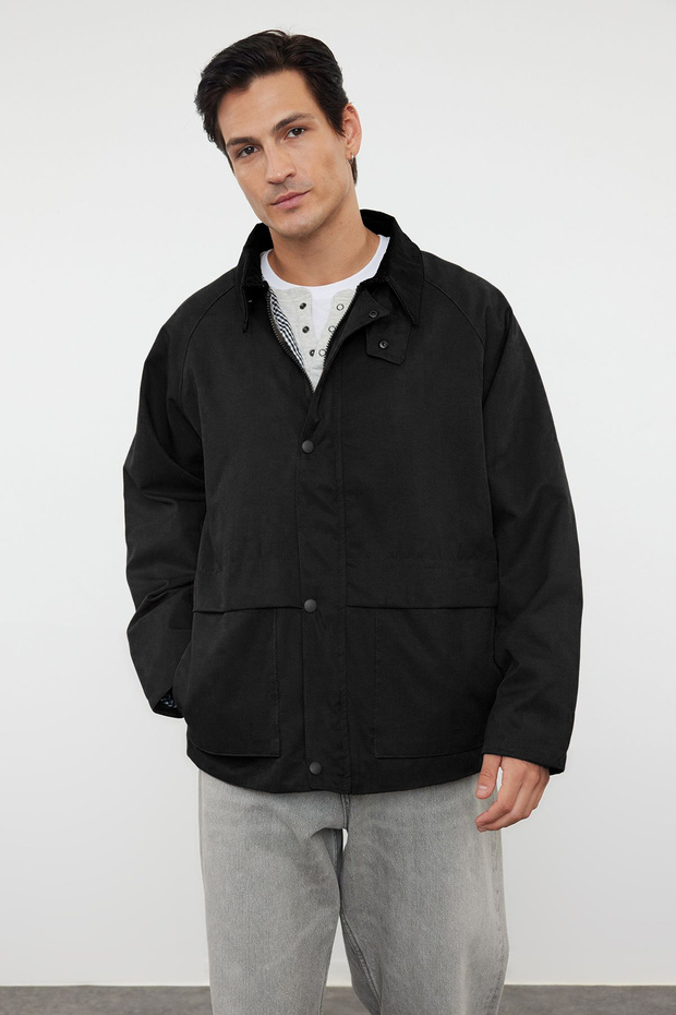 Siyah Regular Fit Kadife Yaka Detaylı Unisex Mevsimlik Mont TMNAW25MO00017 - 5
