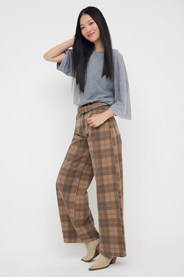 Çok Renkli Normal Bel Ekose Desenli Wide Leg Geniş Paça %100 Pamuk Non-Stretch Jeans TWOAW26JE00024 - 3