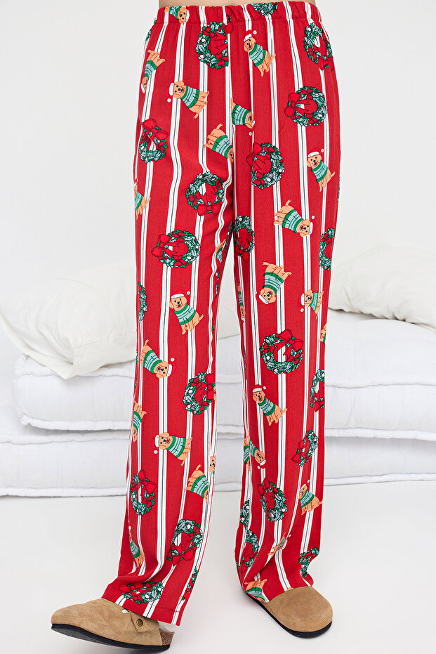 Teen Kırmızı Üst Örme Alt Dokuma Köpek Baskılı ve Yılbaşı Temalı Pijama Takımı THMAW26PT00044 - 3