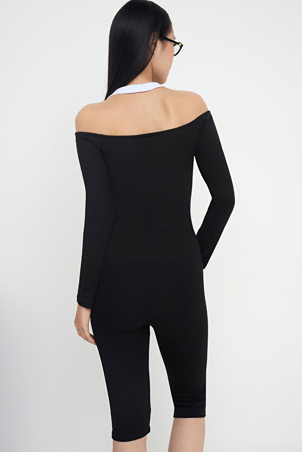 Siyah Fitted/Vücuda Oturan Pamuklu Esnek Örme Bluz TWOAW26BZ00037 - 4