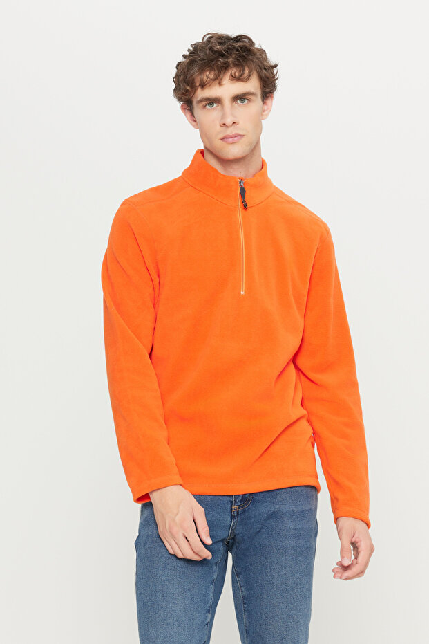 Męska pomarańczowa, antypillingowa, niemechacąca się bluza polarowa ze stójką, odporna na zimno, o standardowym kroju - 1