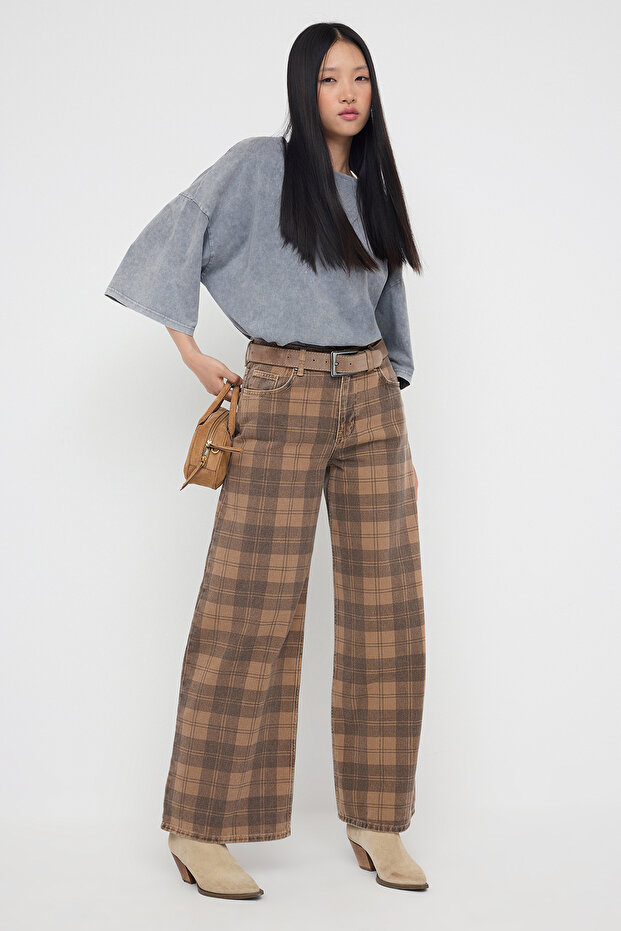 Çok Renkli Normal Bel Ekose Desenli Wide Leg Geniş Paça %100 Pamuk Non-Stretch Jeans TWOAW26JE00024 - 2