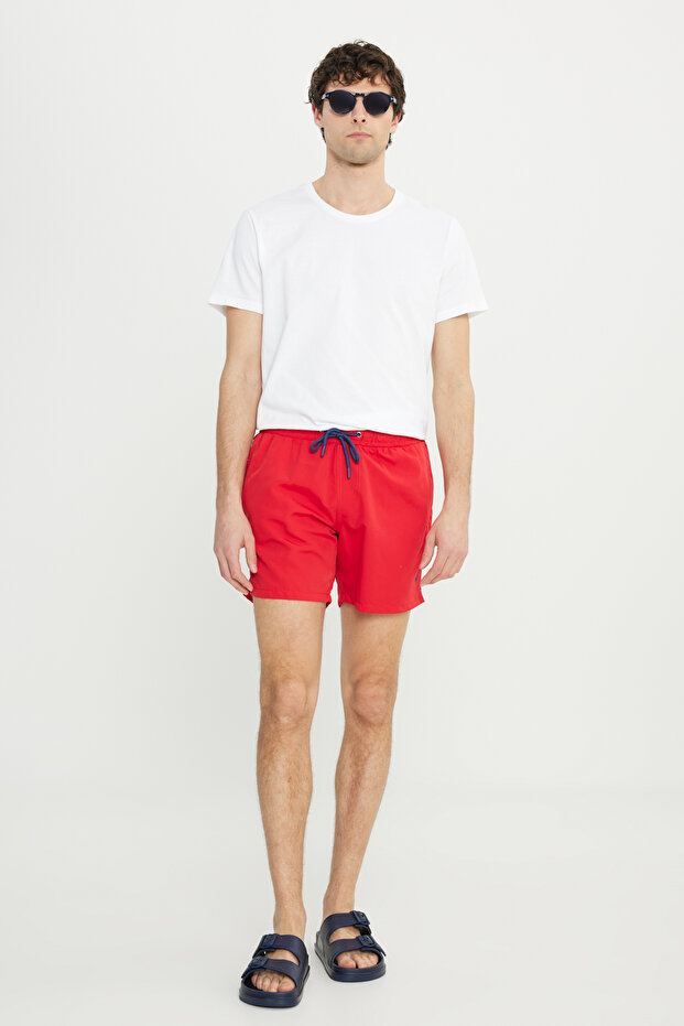 Erkek Kırmızı Hızlı Kuruyan Yan Cepli Desenli Standart Fit Normal Kesim Deniz Şortu Mayo - 7