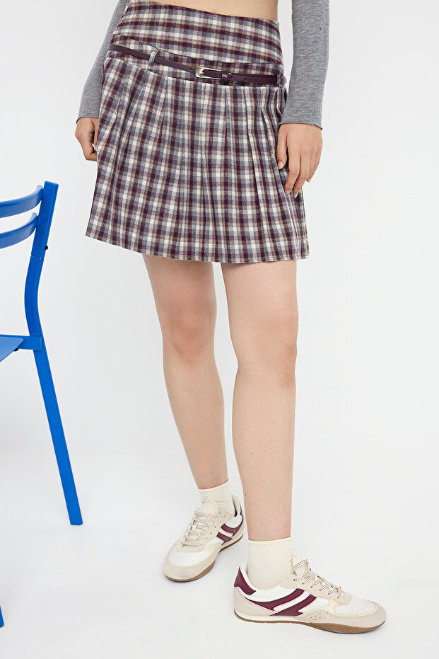 Teen Bordo Kemerli Ekoseli/Kareli Kışlık Mini Etek TWOAW26ET00056 - 4